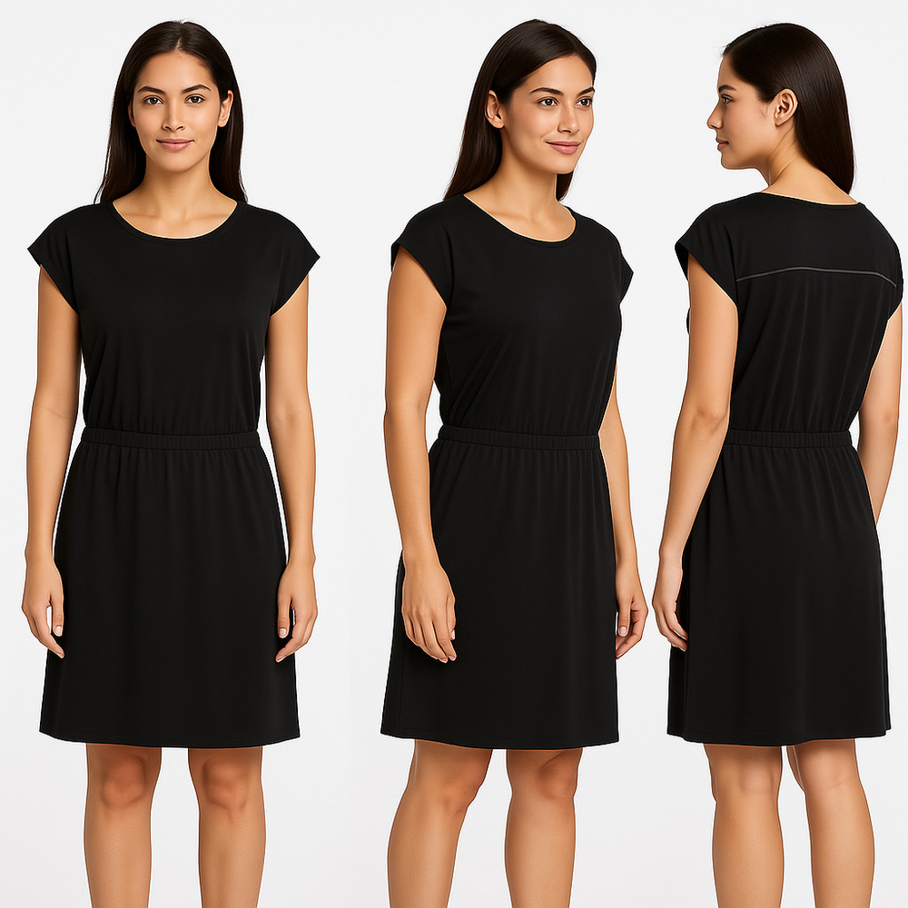 Novara 16260S14 Black Cap Sleeves Round Neck Elastic Waist Womens Dress Large